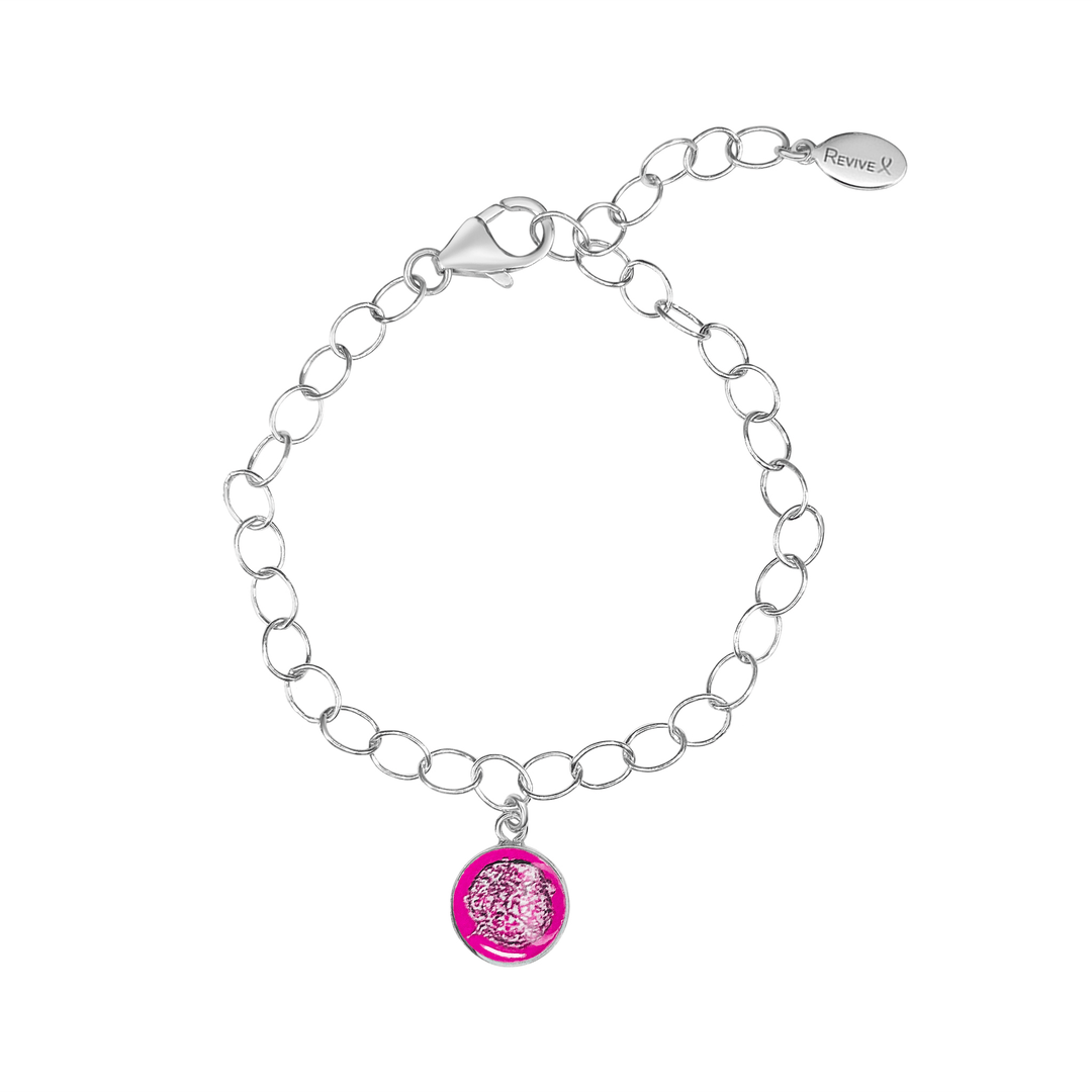 Silver chain bracelet with pink pendant showing embryo image on a white background
