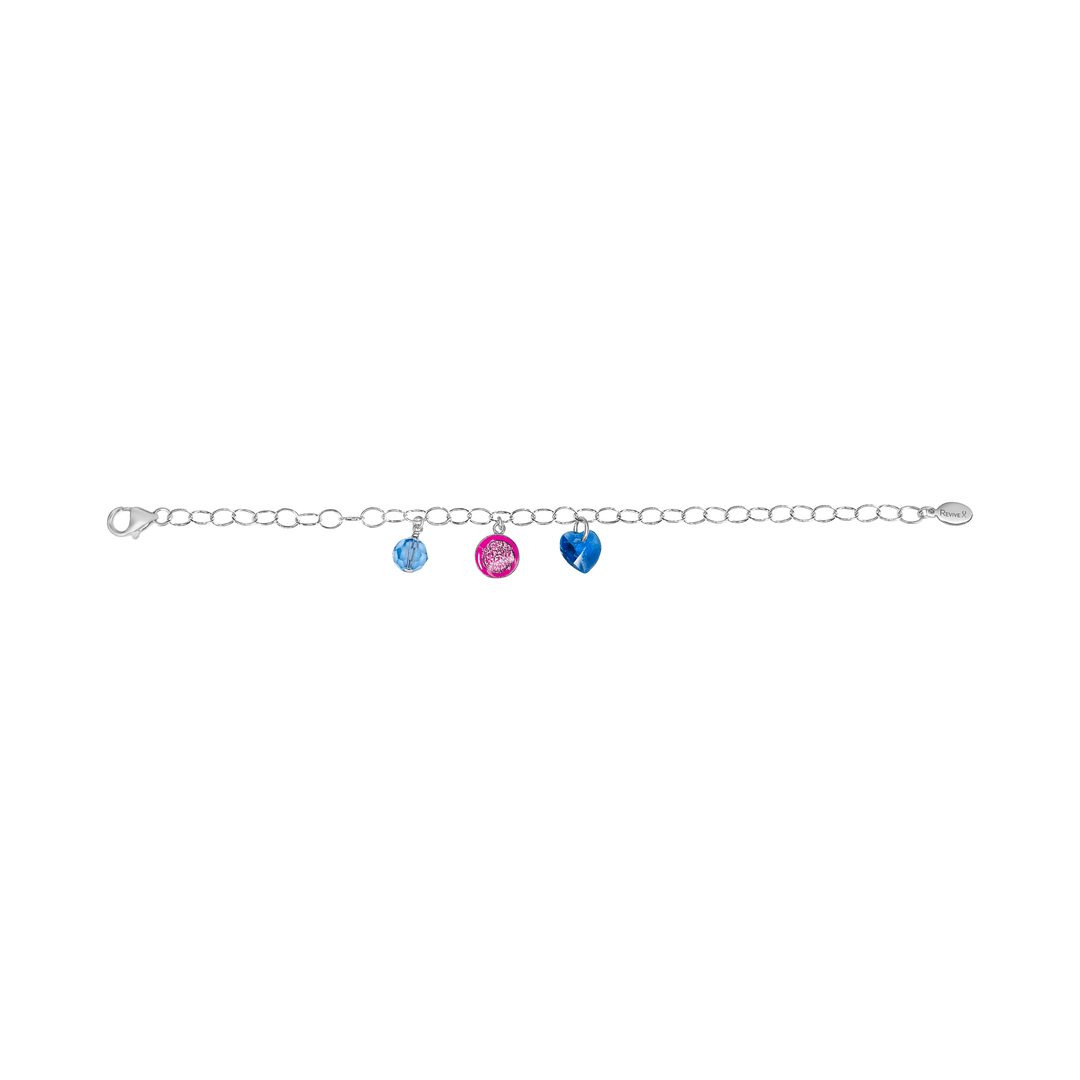 Silver bracelet with pink pendant showing embryo image with blue crystals on a white background