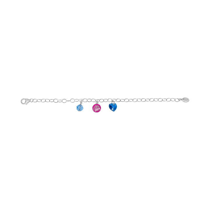 Silver bracelet with pink pendant showing embryo image with blue crystals on a white background