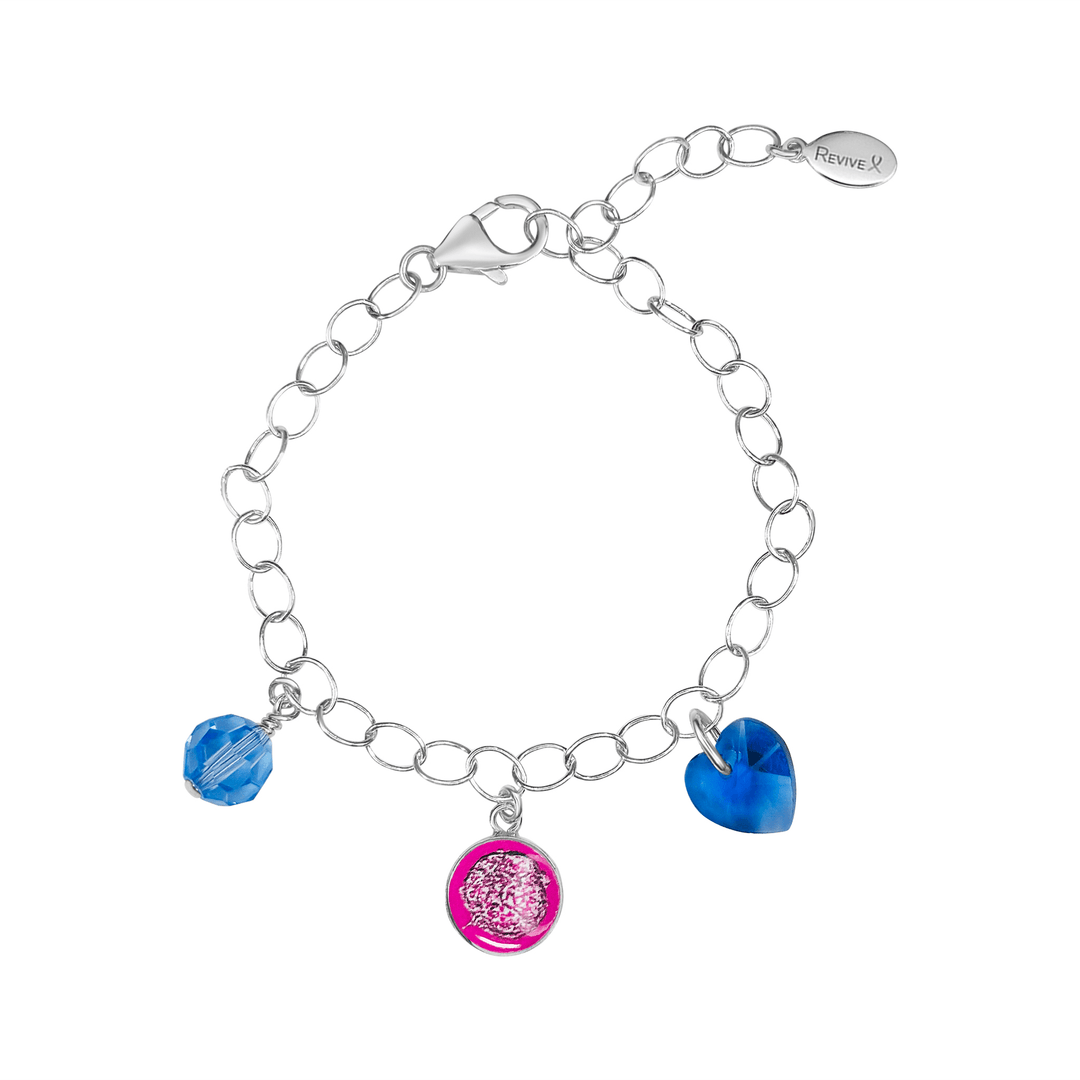 Silver bracelet with pink pendant showing embryo image with blue crystals on a white background