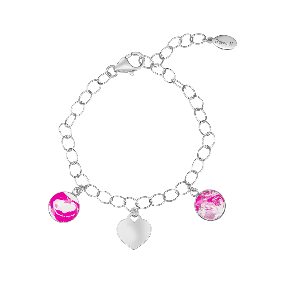 Silver bracelet with pink pendants showing sonogram images and an engraveable heart-shaped charm on a white background