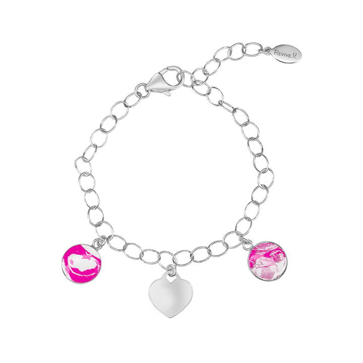 Silver bracelet with pink pendants showing sonogram images and an engraveable heart-shaped charm on a white background