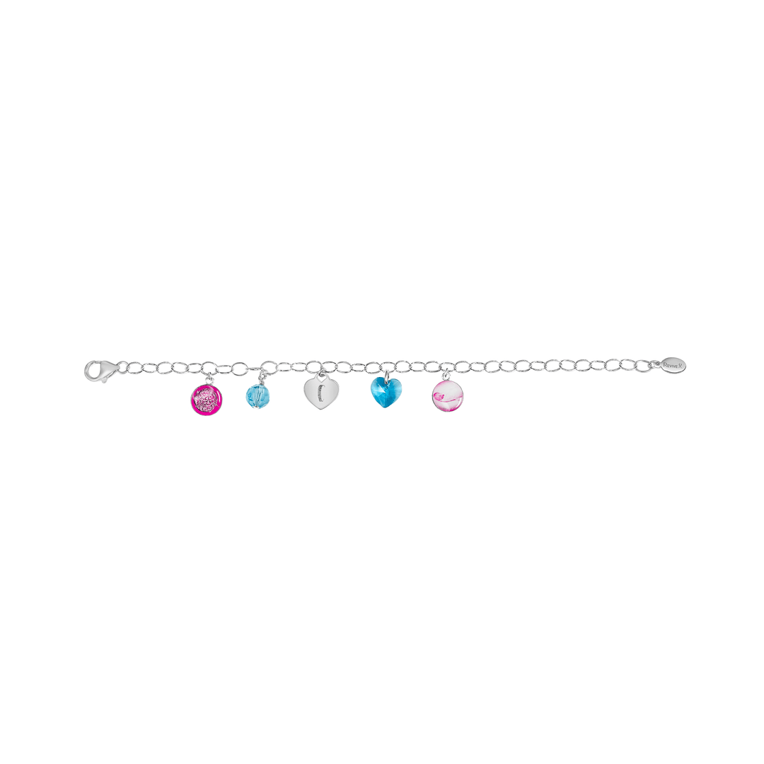 Silver bracelet with pink pendants showing the IVF journey from embryo to baby with blue birthstone crystals and an engraved heart-shaped charm on a white background