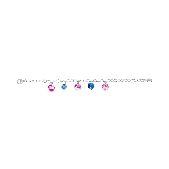 Silver bracelet with pink pendants showing the IVF journey from embryo to baby with blue birthstone crystals on a white background