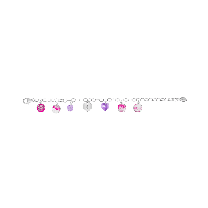 Silver bracelet with pink pendants showing the IVF journey from embryo to baby with purple birthstone crystals on a white background