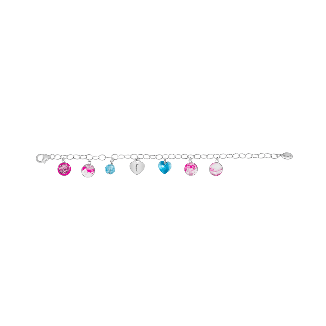 Silver bracelet with pink pendants showing the IVF journey from embryo to baby with blue birthstone crystals and an engraved heart-shaped charm on a white background