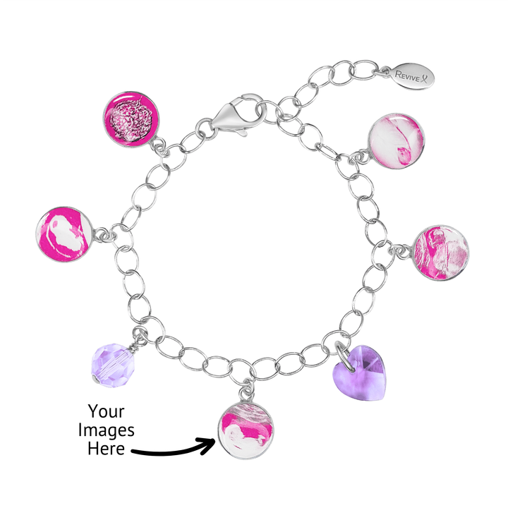 Silver bracelet with pink pendants showing the IVF journey from embryo to baby with purple birthstone crystals on a white background