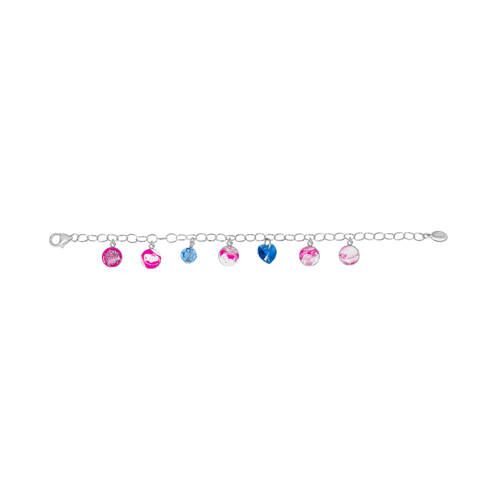 Silver bracelet with pink pendants showing the IVF journey from embryo to baby with blue birthstone crystals on a white background