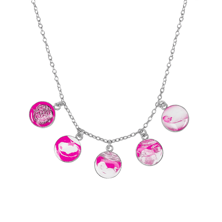 Silver necklace with 5 pink round pendants showing an IVF Journey from embryo to baby