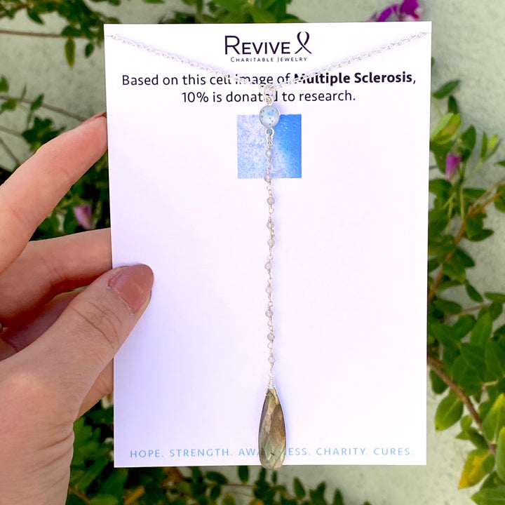 Blue Multiple Sclerosis necklace in sterling silver with labradorite stones on product card