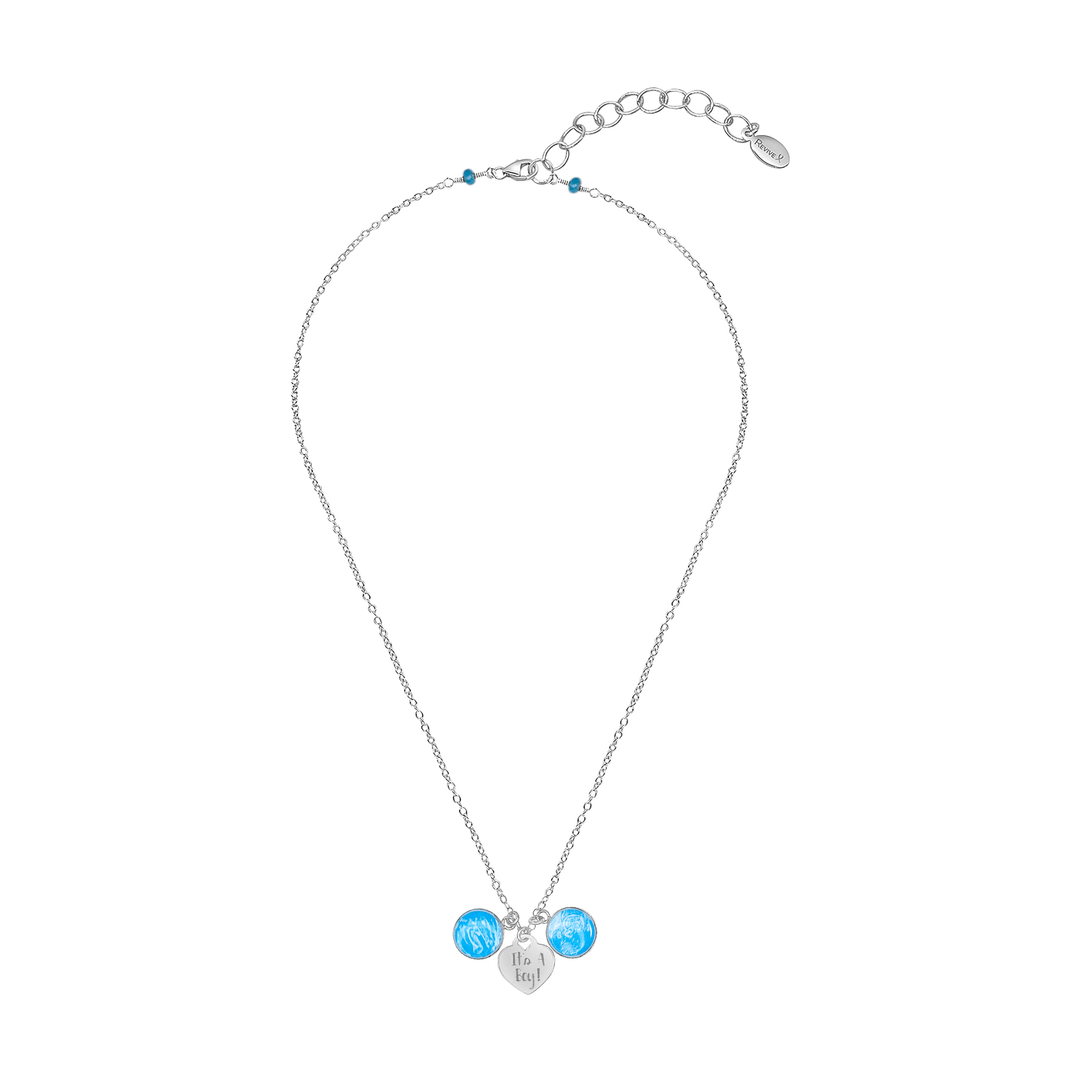 Silver Necklace with Blue Sonogram Image Pendants and "It's A Boy!" Heart-Shaped Engraved Charm