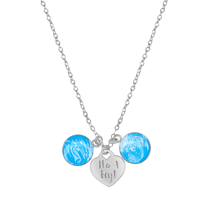 Silver Necklace with Blue Sonogram Image Pendants and "It's A Boy!" Heart-Shaped Engraved Charm
