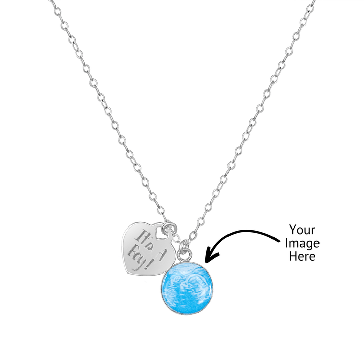 Silver Necklace with Blue Sonogram Image Pendant and "It's A Boy!" Heart-Shaped Engraved Charm