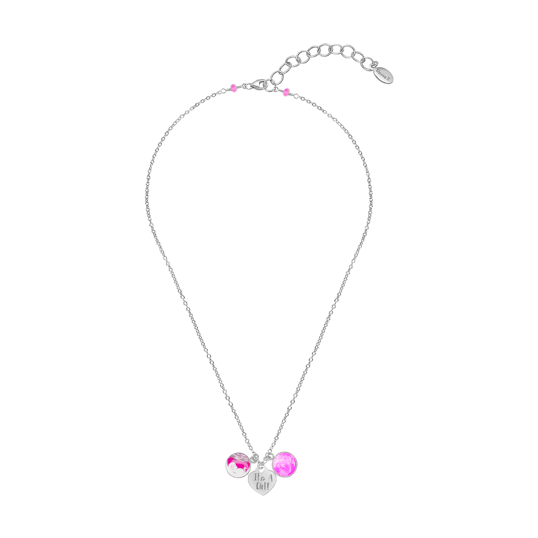 Silver Necklace with Pink Sonogram Image Pendants and "It's A Girl!" Heart-Shaped Engraved Charm
