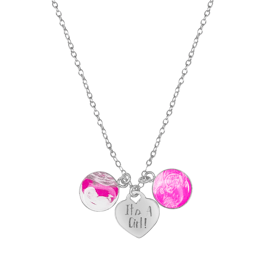 Silver Necklace with Pink Sonogram Image Pendants and "It's A Girl!" Heart-Shaped Engraved Charm