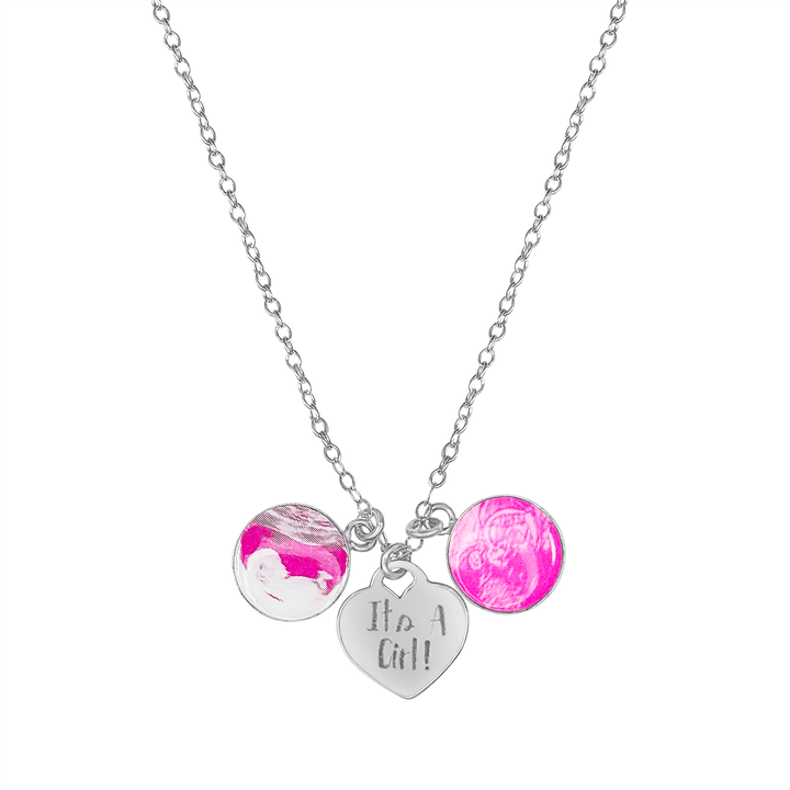 Silver Necklace with Pink Sonogram Image Pendants and "It's A Girl!" Heart-Shaped Engraved Charm