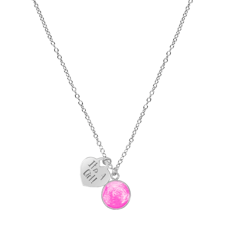 Silver Necklace with Pink Sonogram Image Pendant and "It's A Girl!" Heart-Shaped Engraved Charm