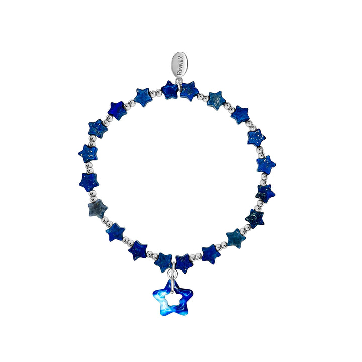 Blue and Silver Bracelet with Lapis star shapes beads and a dangly blue star pendant on a white background.