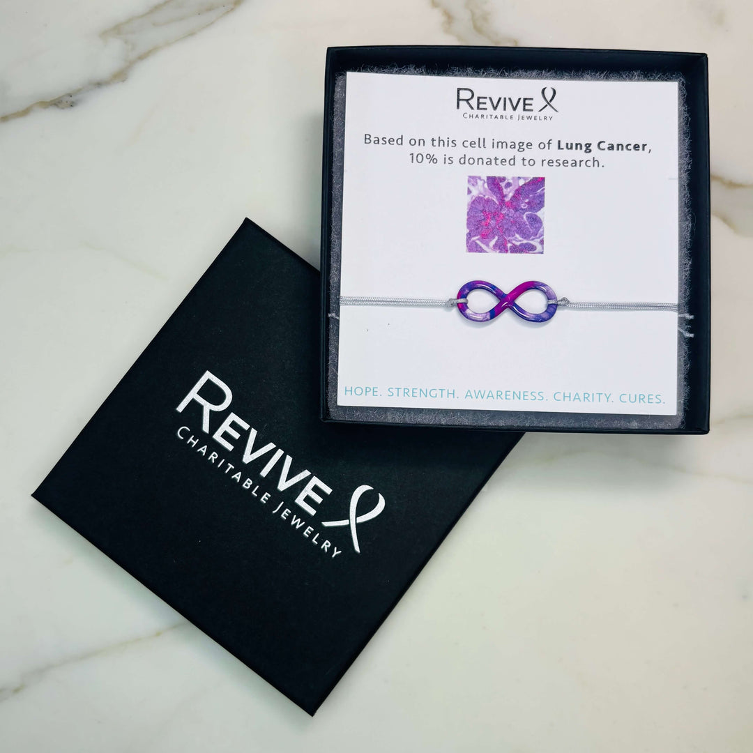 infinity pendant necklace with lung cancer cell image in resin on adjustable gray cord with Sterling silver slide bead clasp  with product packaging