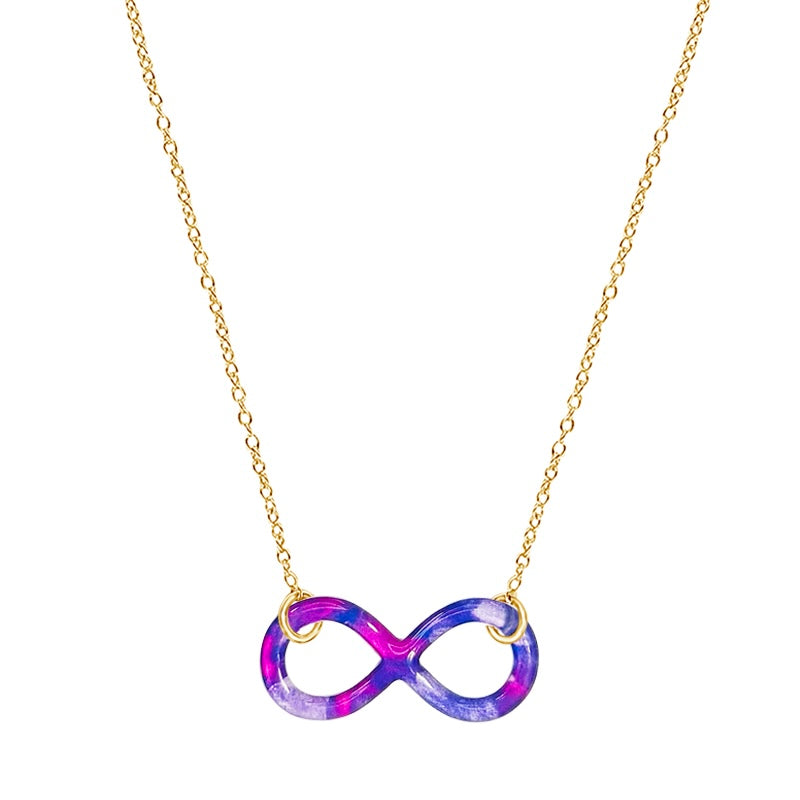 close up of infinity pendant necklace with lung cancer cell image in resin on gold filled chain 