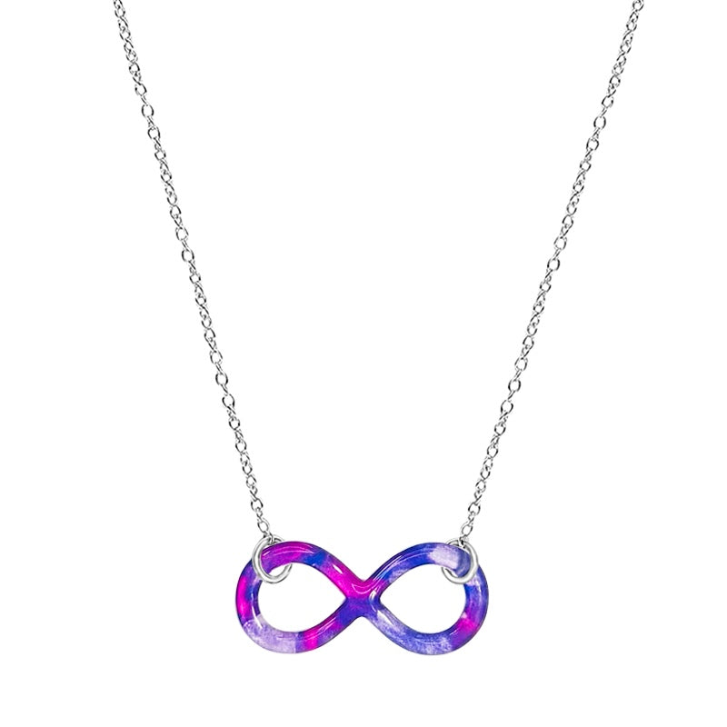 close up of infinity pendant necklace with lung cancer cell image in resin on Sterling silver chain 