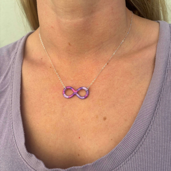 model wearing infinity pendant necklace with lung cancer cell image in resin on Sterling silver chain 