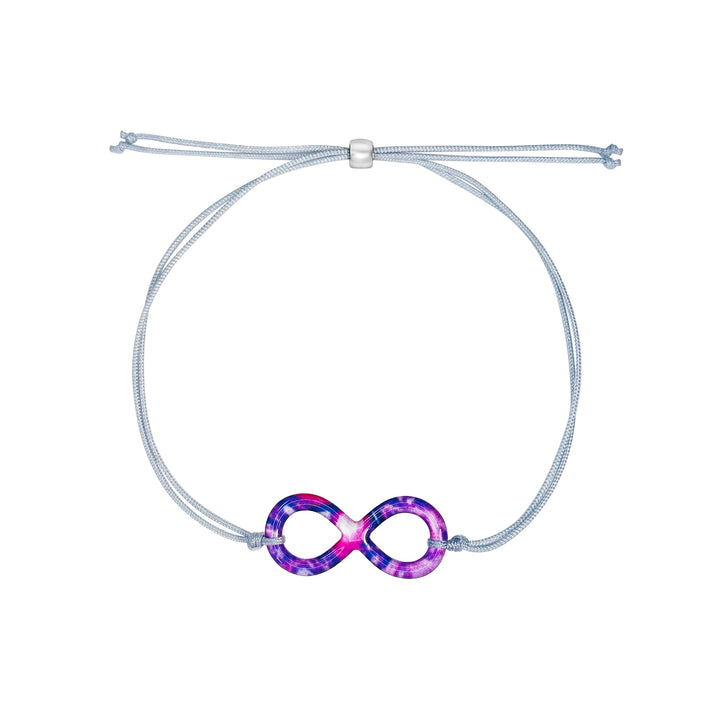 infinity pendant bracelet with lupus cell image in resin on adjustable gray cord with Sterling silver slide bead 