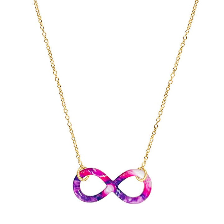 close up of infinity pendant necklace with lupus cell image in resin on gold filled chain 