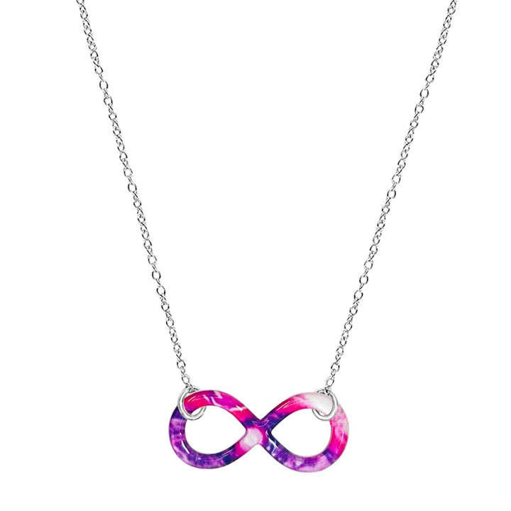 close up of infinity pendant necklace with lupus cell image in resin on Sterling silver  chain 