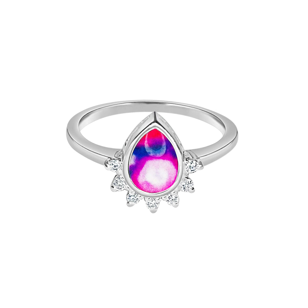 Sterling silver teardrop shaped ring with half halo of cubic zirconia stones and lupus cell image under resin pendant