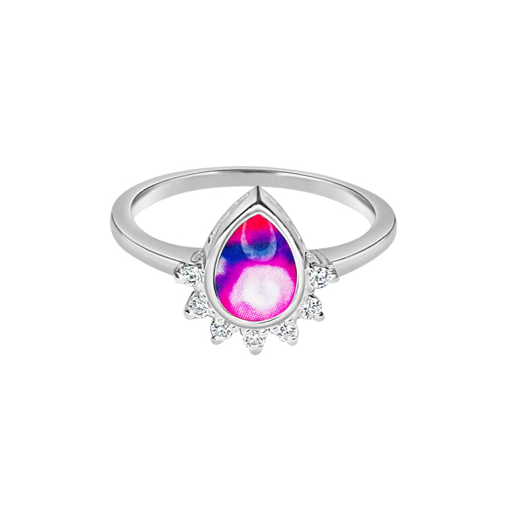 Sterling silver teardrop shaped ring with half halo of cubic zirconia stones and lupus cell image under resin pendant