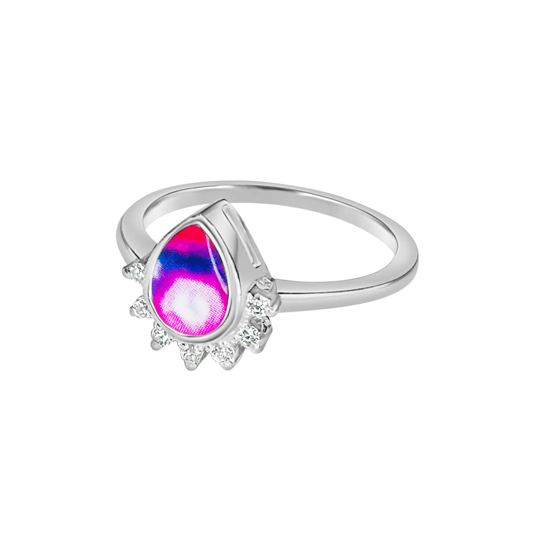 Sterling silver teardrop shaped ring with half halo of cubic zirconia stones and lupus cell image under resin pendant side view