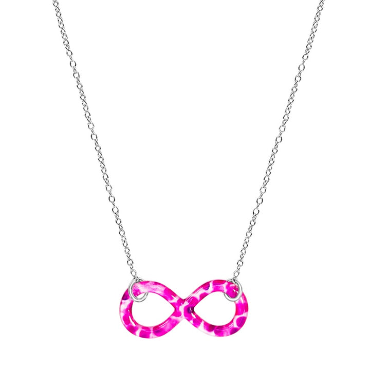 close up of infinity pendant necklace with multiple Myeloma cell image in resin on Sterling silver adjustable chain 