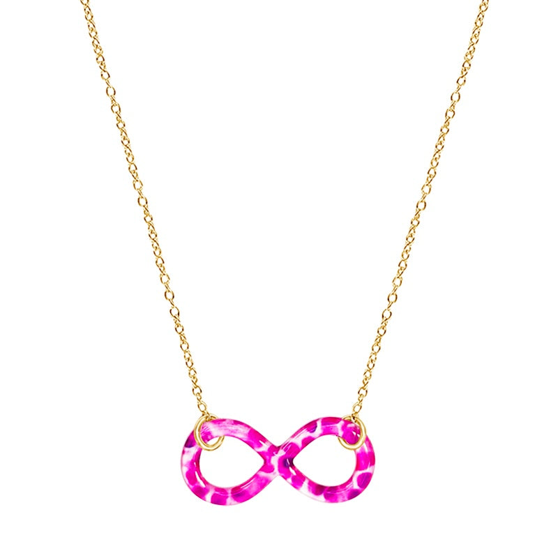 close up of infinity pendant necklace with multiple Myeloma cell image in resin on gold filled adjustable chain 