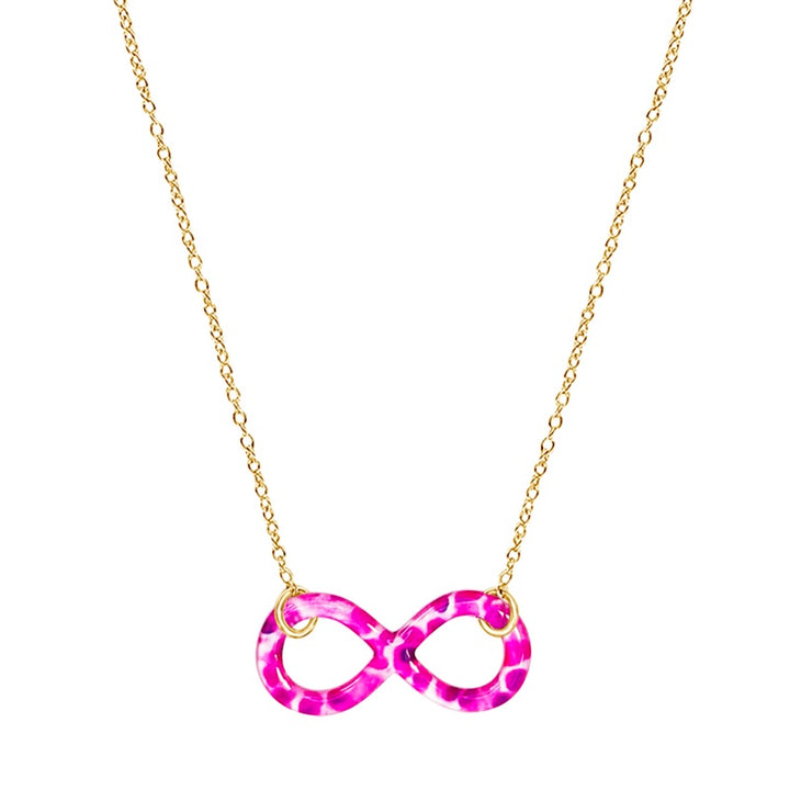 close up of infinity pendant necklace with multiple Myeloma cell image in resin on gold filled adjustable chain 