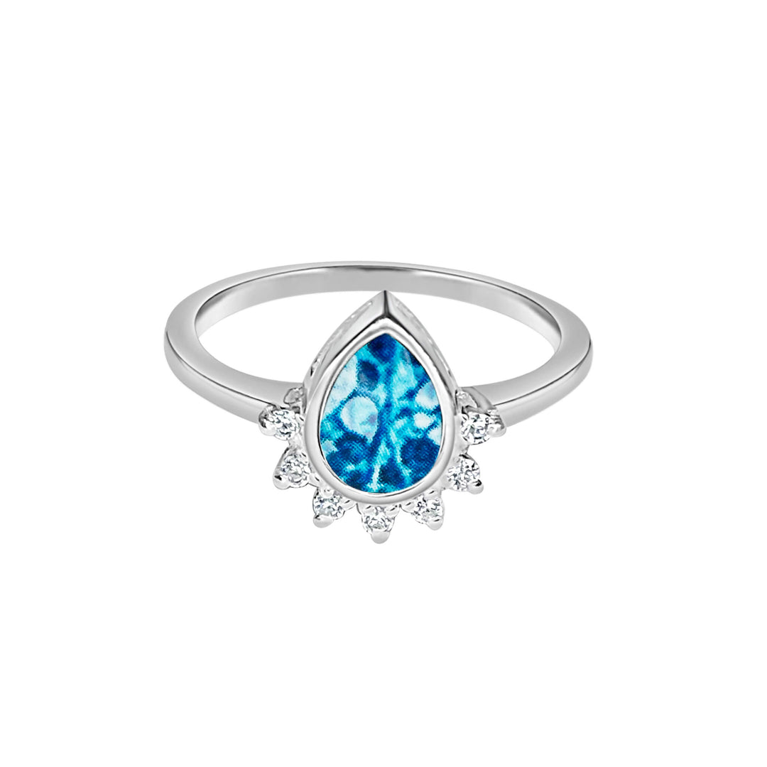 Sterling silver teardrop shaped ring with half halo of cubic zirconia stones and ovarian cancer cell image under resin pendant