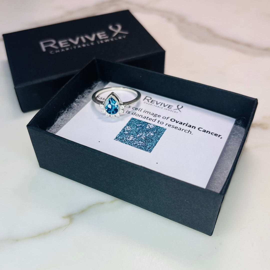 Sterling silver teardrop shaped ring with half halo of cubic zirconia stones and ovarian cancer cell image under resin pendant with product packaging
