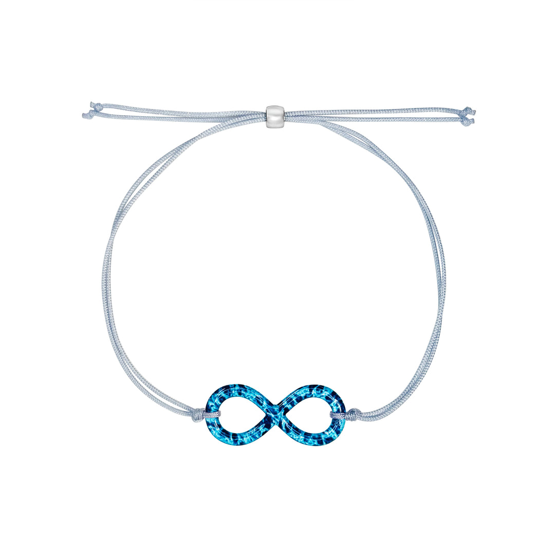 infinity pendant necklace with ovarian cancer cell image in resin on adjustable gray cord with Sterling silver slide bead 