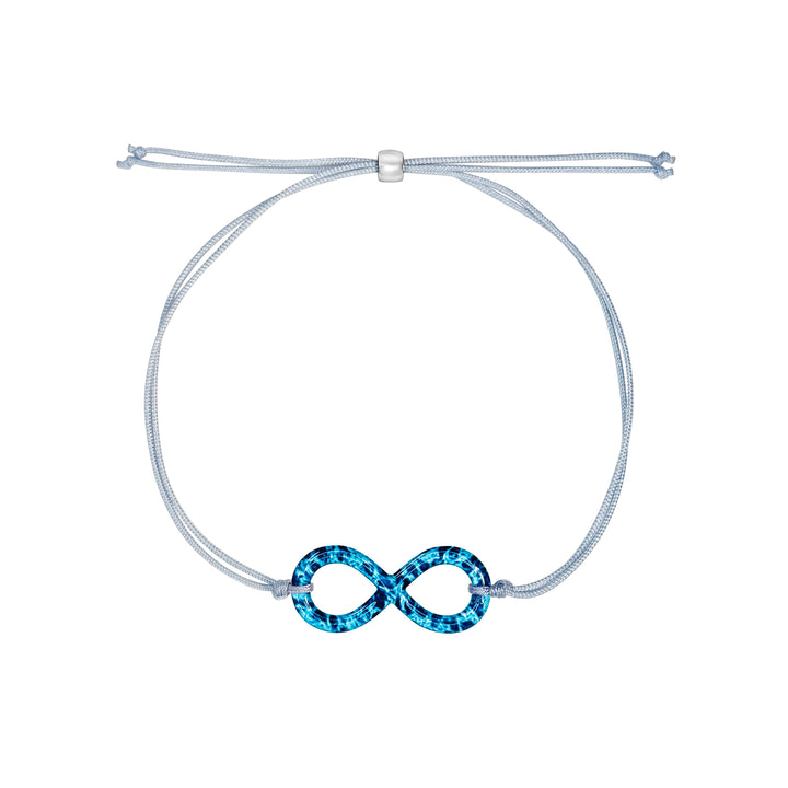 infinity pendant necklace with ovarian cancer cell image in resin on adjustable gray cord with Sterling silver slide bead 