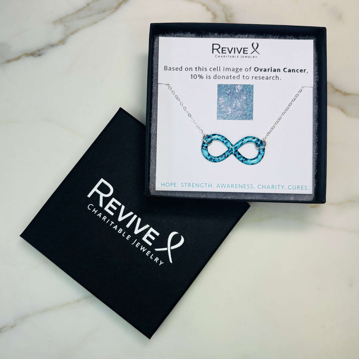 infinity pendant necklace with ovarian cancer cell image in resin on sterling silver adjustable chain with product packaging