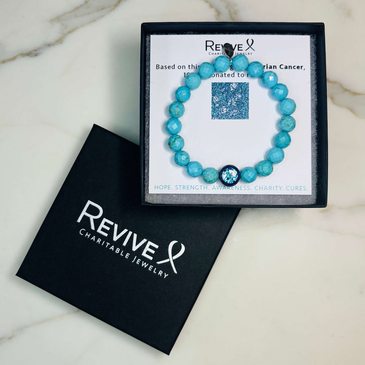 teal turquoise stone stretch bracelet with ovarian cancer cell image in resin pendant with product packaging