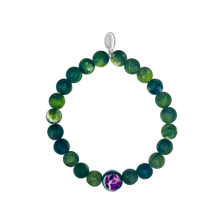 mens jade bracelet with pancreatic cancer cell image in resin pendant on stretch cord