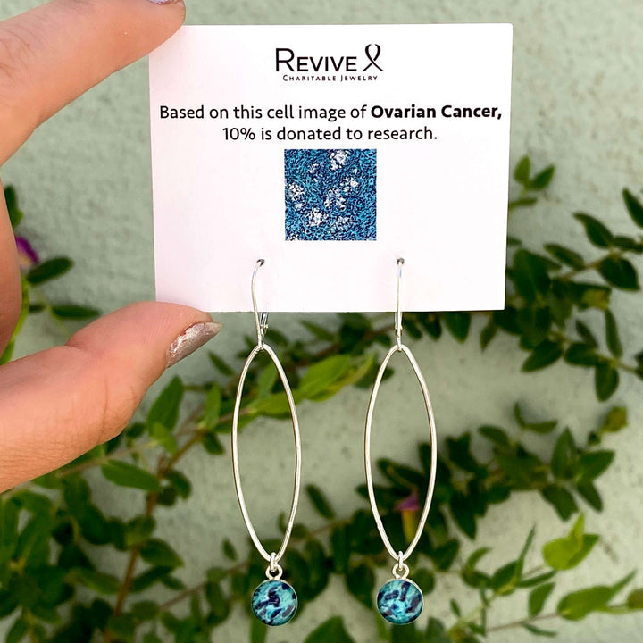 Petal Ovarian Cancer earrings in sterling silver and teal hanging pendants set in resin on product card