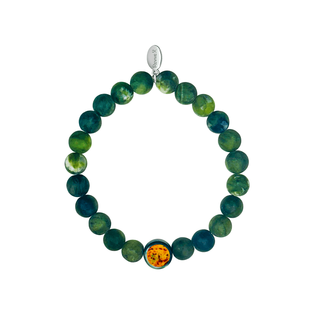 mens jade bracelet with prostate cancer cell image in resin pendant on stretch cord
