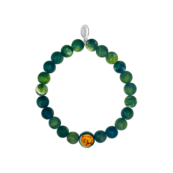 mens jade bracelet with prostate cancer cell image in resin pendant on stretch cord