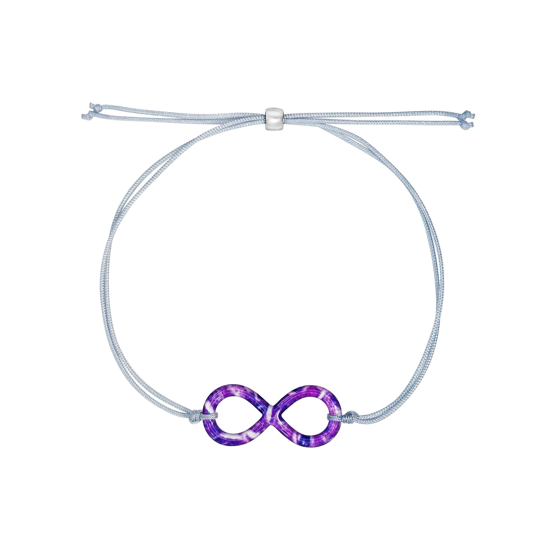 infinity pendant necklace with pancreatic cancer cell image in resin on adjustable gray cord with Sterling silver slide bead 