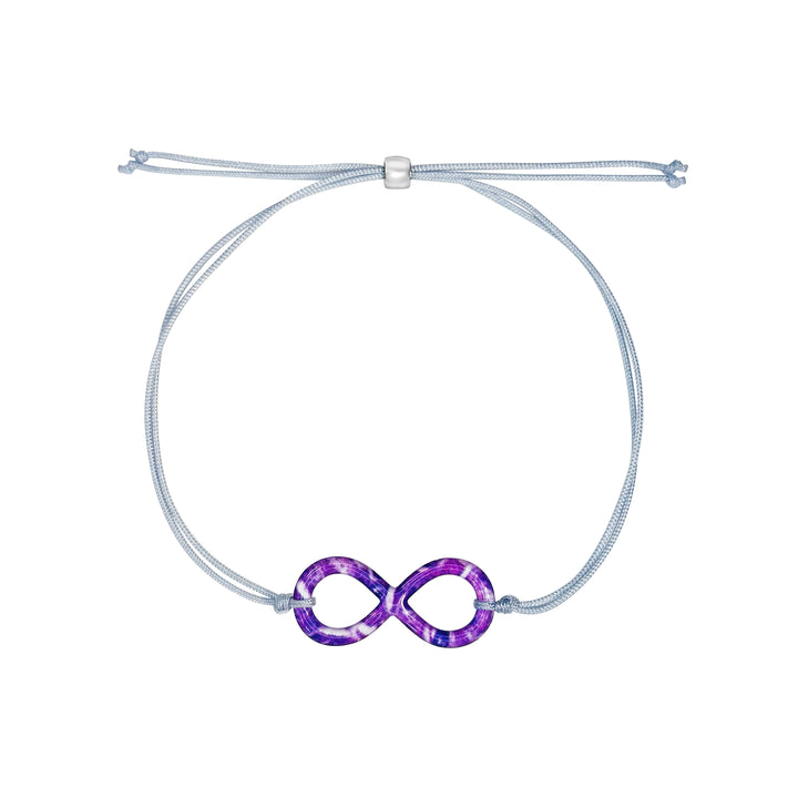 infinity pendant necklace with pancreatic cancer cell image in resin on adjustable gray cord with Sterling silver slide bead 