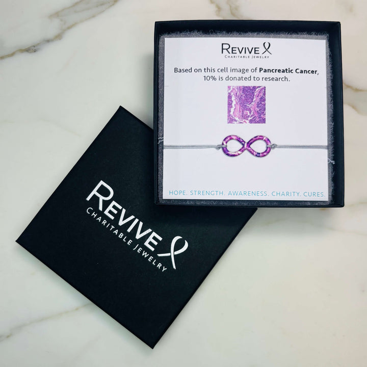 infinity pendant necklace with pancreatic cancer cell image in resin on adjustable gray cord with Sterling silver slide bead with product packaging