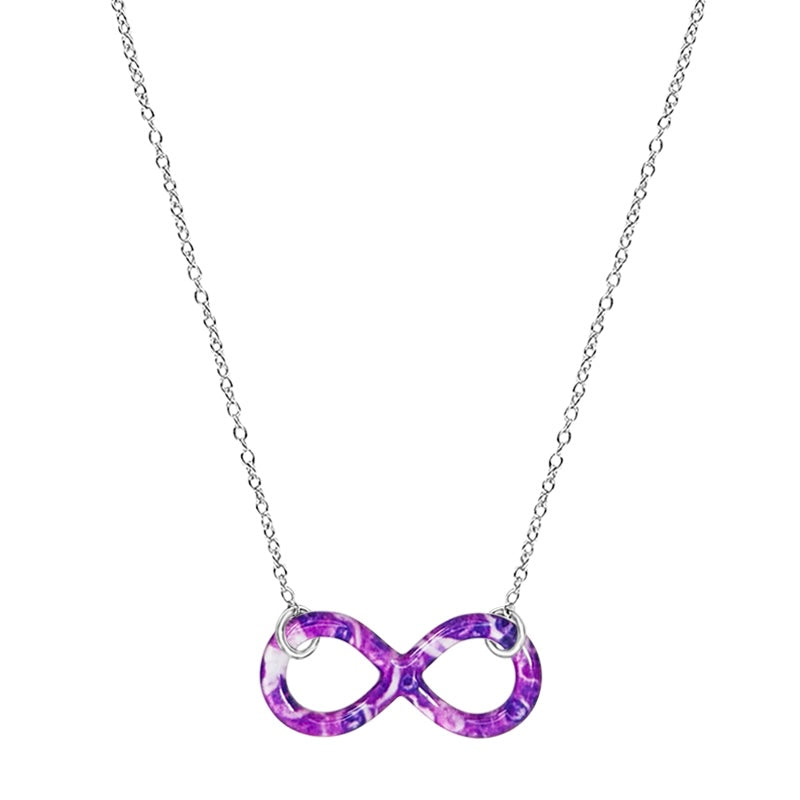 close up of infinity pendant necklace with pancreatic cancer cell image in resin on Sterling silver adjustable chain 