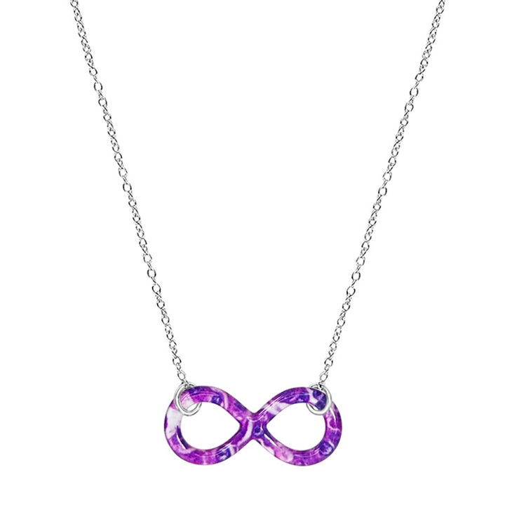 close up of infinity pendant necklace with pancreatic cancer cell image in resin on Sterling silver adjustable chain 